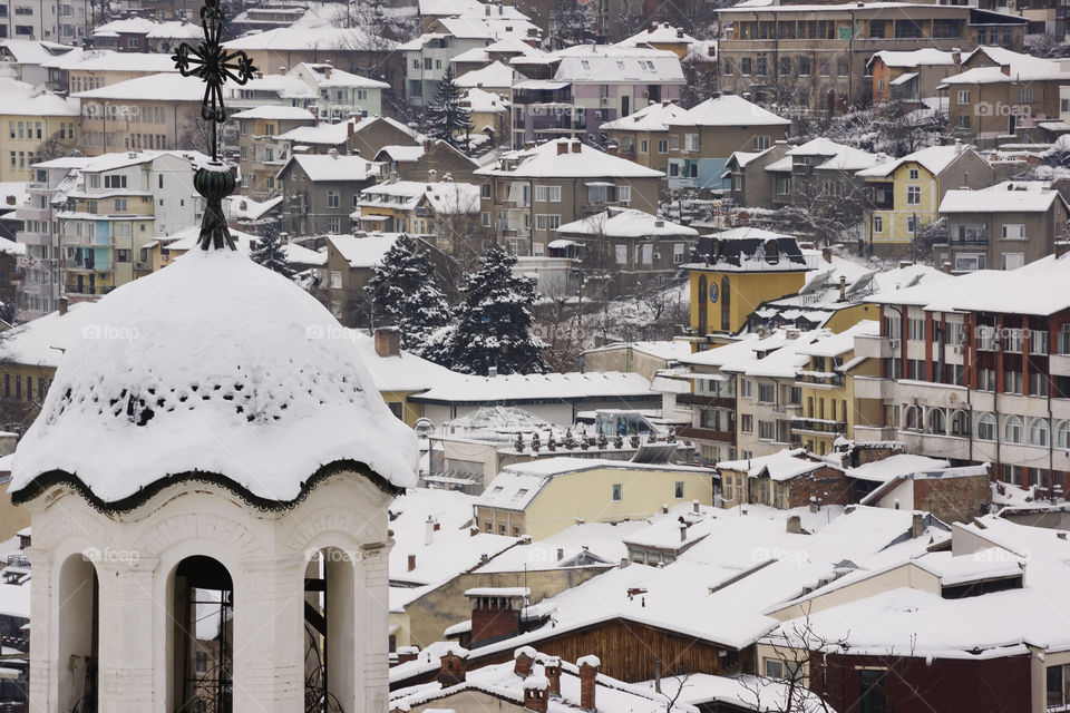 Church bell tower (background - winter townscape)