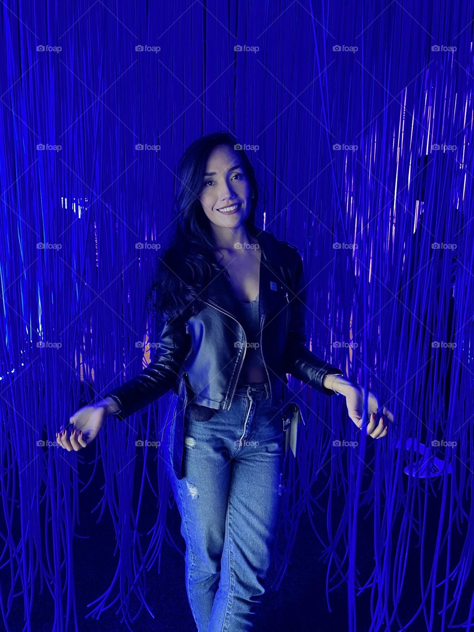 A woman in a blue spot