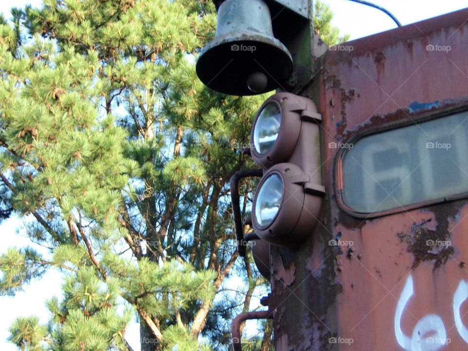 old abandoned rusty broken train locomotive lights bell
