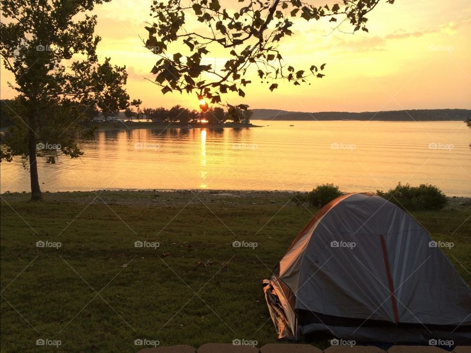 Sunset over a campsite 