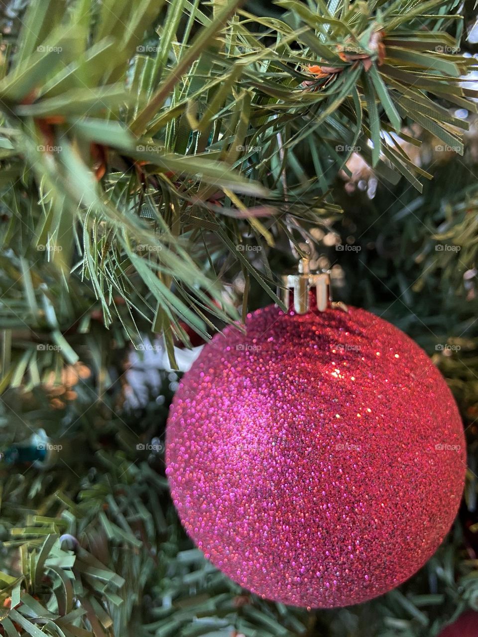 A magenta Christmas ornament hanging on a Christmas tree that was part of the holiday decorations at Panera Bread in Brick, NJ.