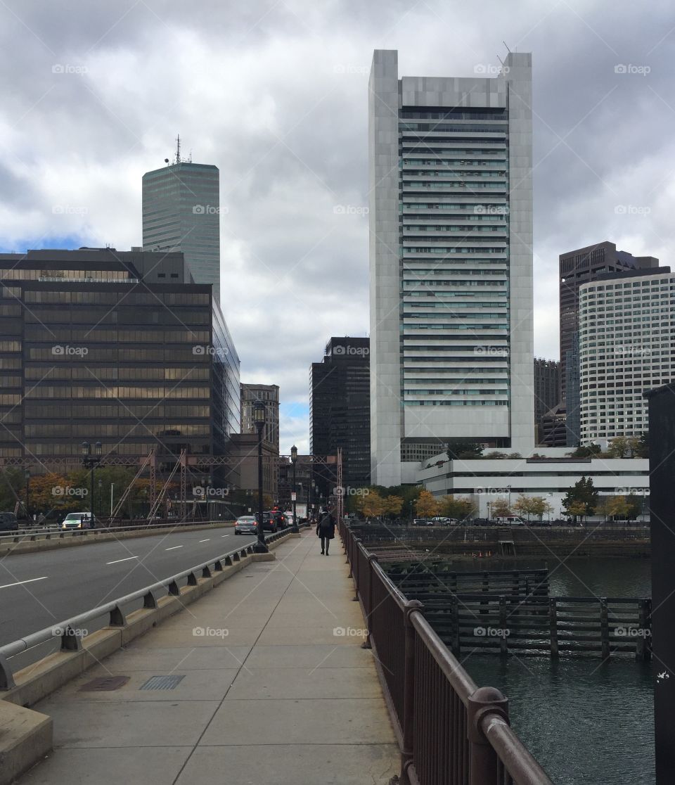 Boston skyline looking across Summer Street Bridge