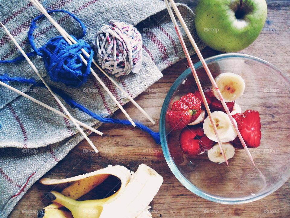 Close-up of preparing fruit salad