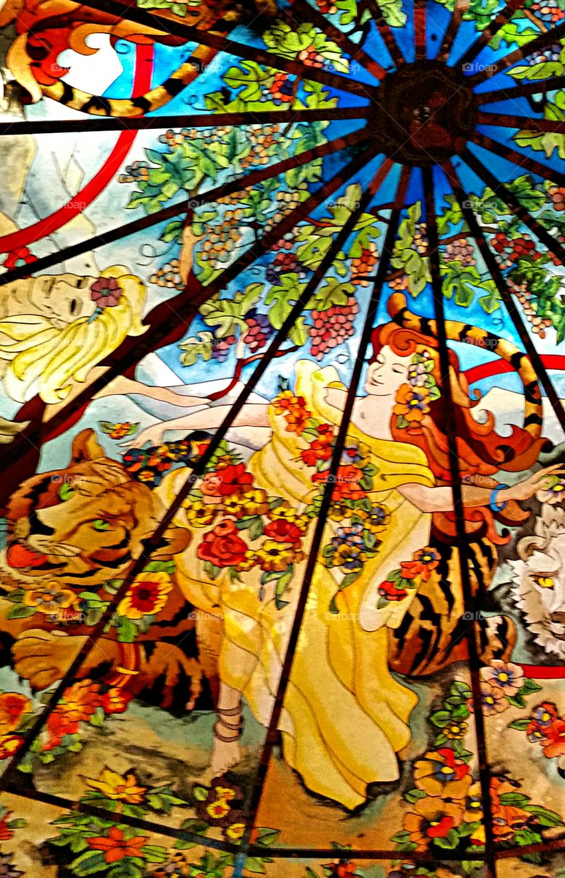 Stained glass skylight.. Colorful stained glass skylight in hotel/casino.