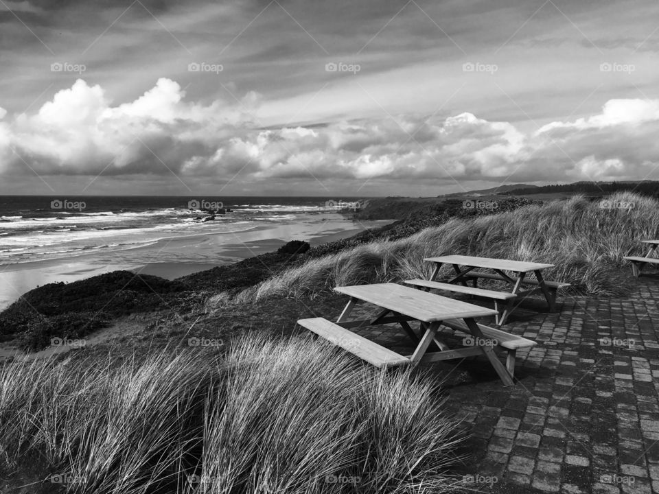 Picnic table at seashore