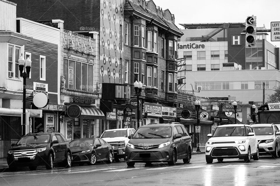 Atlantic Avenue in Atlantic City on a rainy afternoon in black and white.
