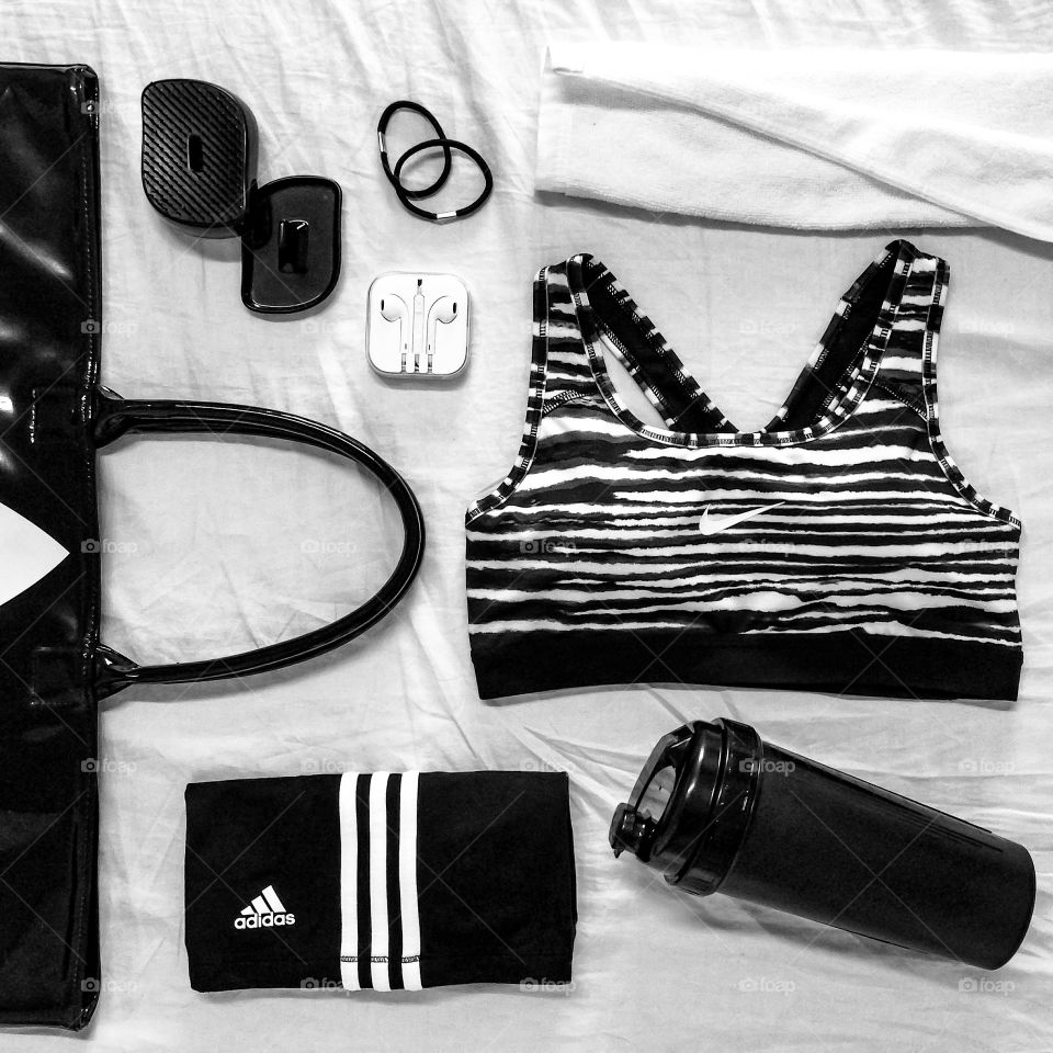 Flat lay with black and white fashion for health.