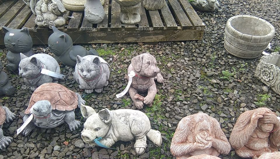 Stone cats and dogs