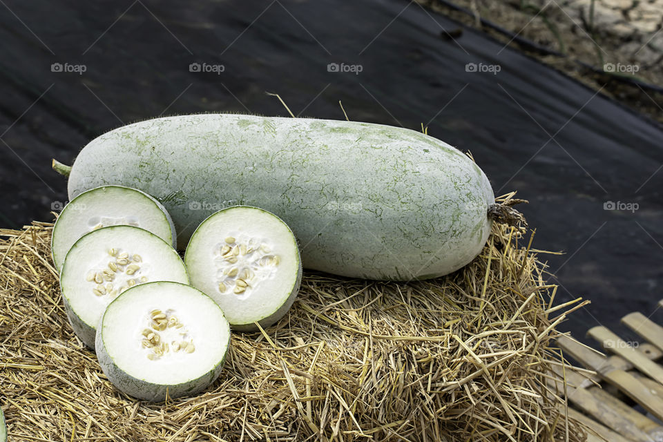 Winter melon is cut into pieces on the straw.