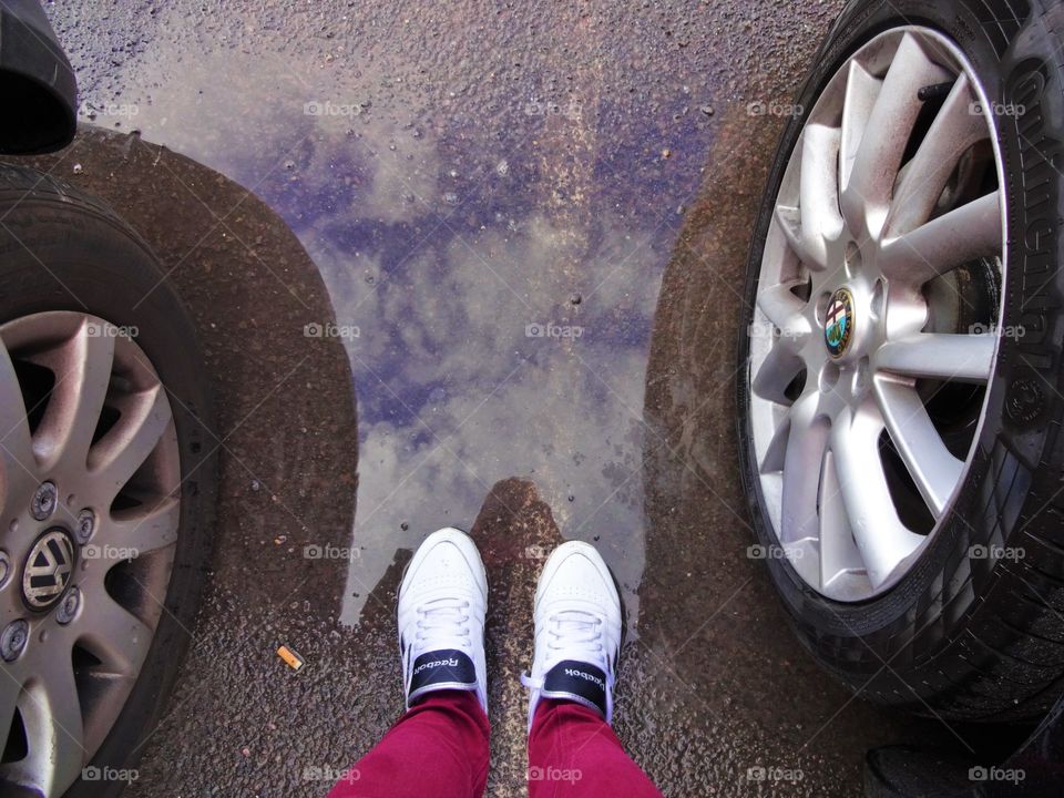 Water reflection of the sky underfoot