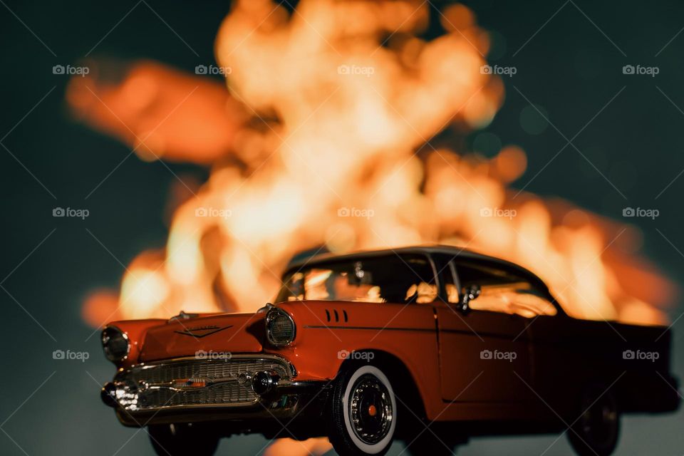 Chevrolet Bel Air in front of fire