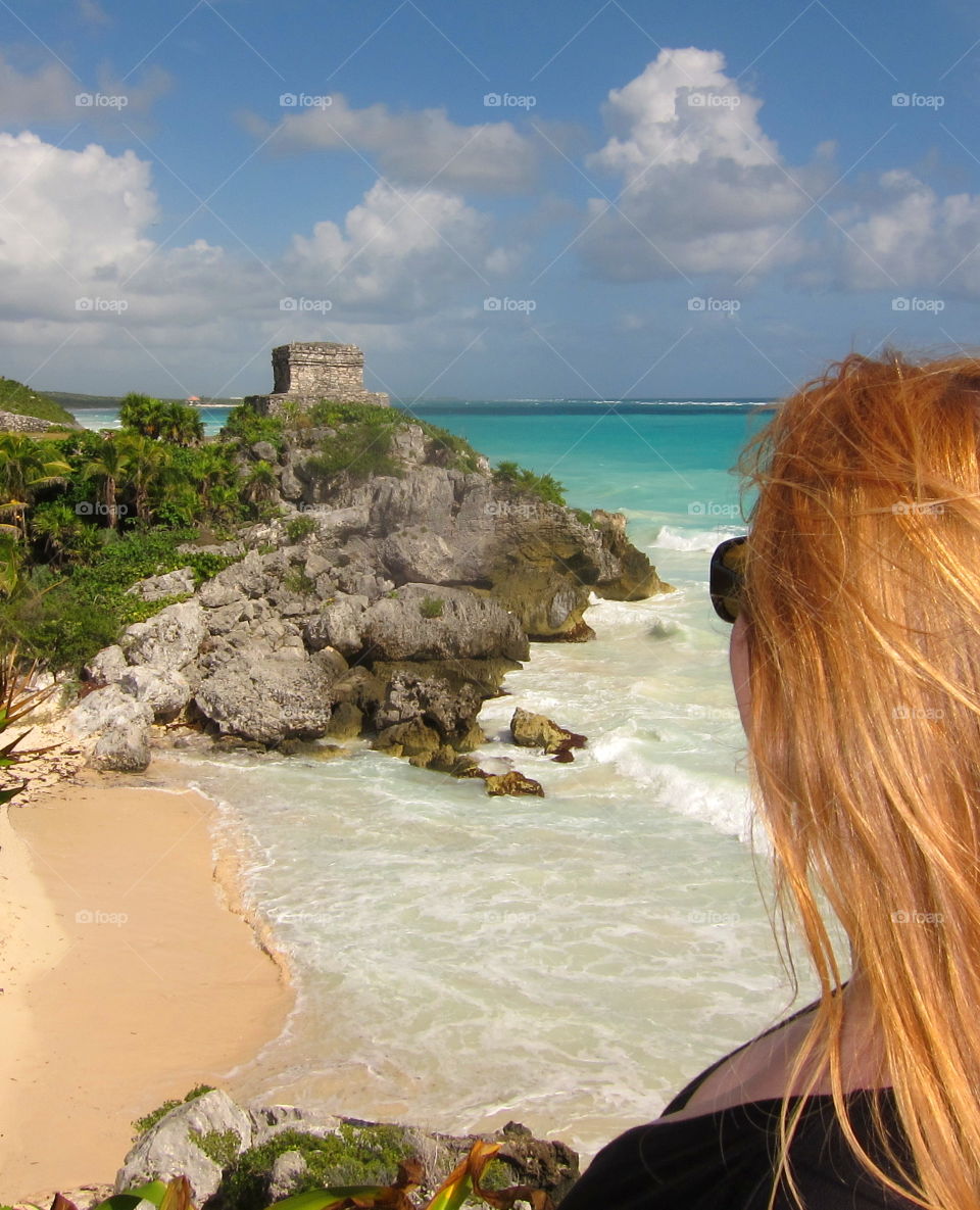 Gazing at Tulum Temple & Beach. Gazing at Temple and Beach at Tulum
