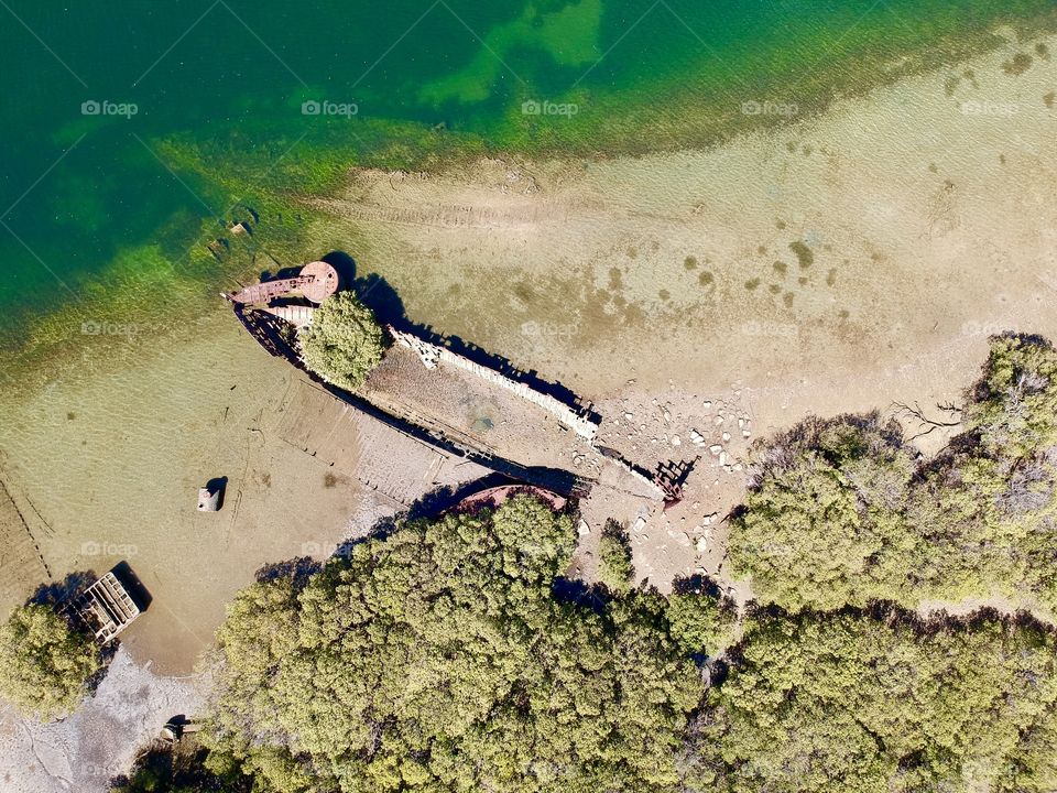 Aerial shot of the Rusting remains of the MV Sunbeam a steel hulled barque