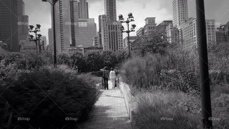 Two people walking through a park in Chicago