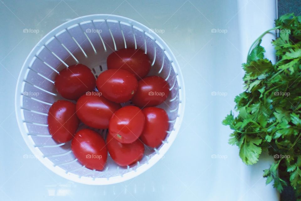 Roma tomatoes in a white colander in a white sink, freshly picked cilantro to the side on a green countertop