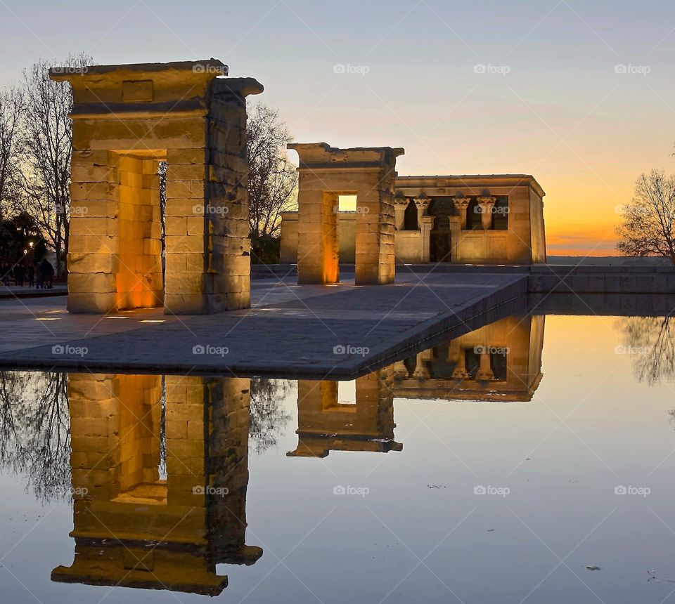 Tranquil and beautiful sunset seen at Templo de Debod in Madrid, Spain 