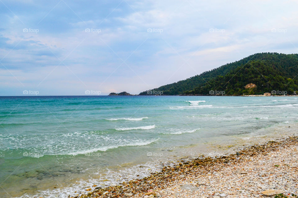 Panoramic cloudy seaview from Golden Beach in Thassos Greece