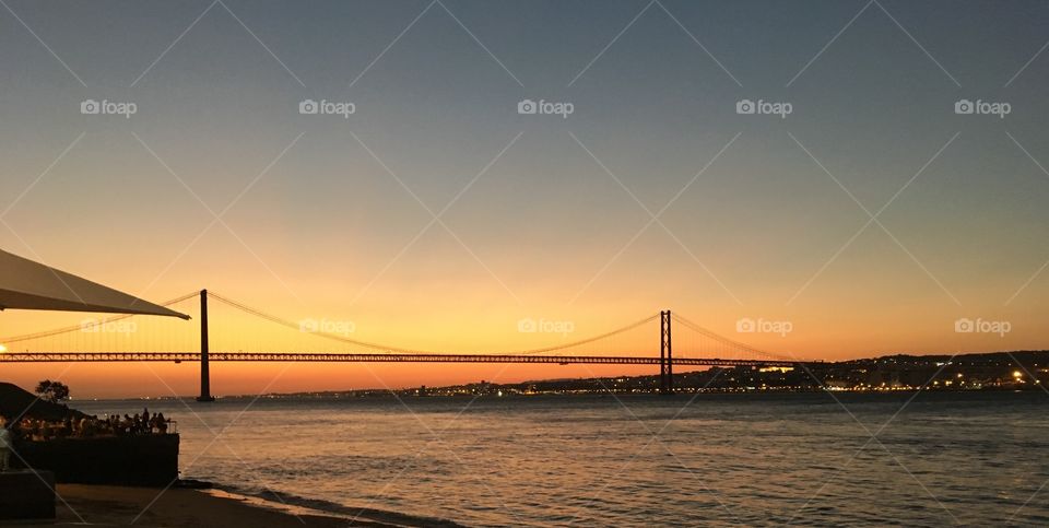 Bridge, Sunset, Red and orange Sky, Big city lights  