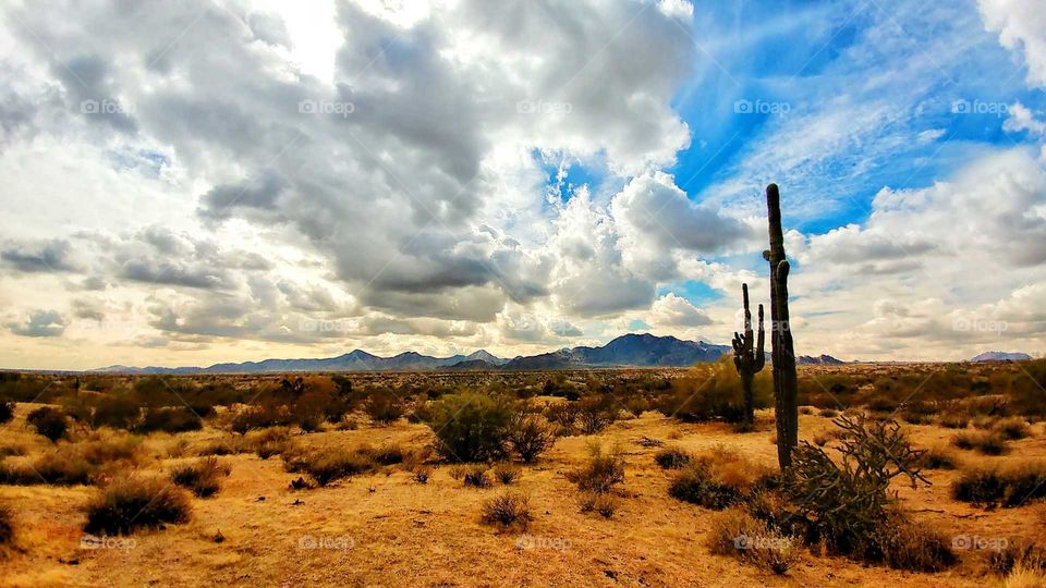Dramatic storm clouds over the parched desert floor.