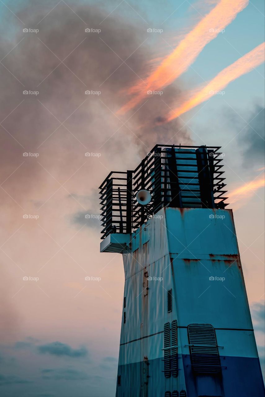 ferry exhaust compartment against the backdrop of dawn in the Baltic Sea