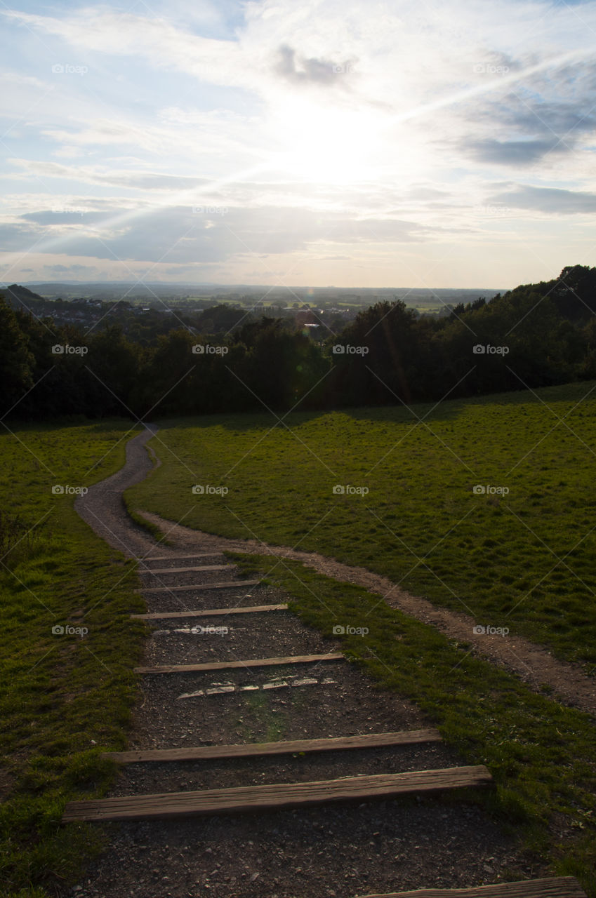 beautiful view on Glastonbury from the hill fields view