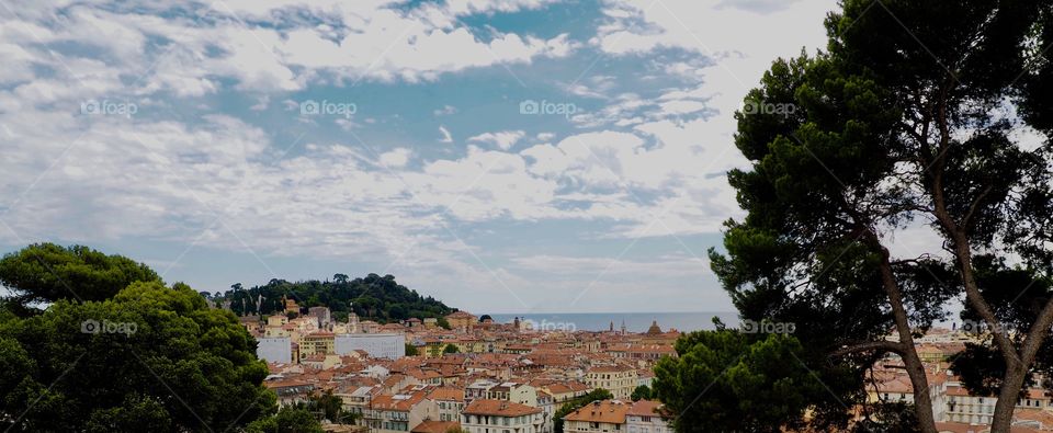 Panoramic view of the city from high above in the Cimiez neighborhood of Nice, France.