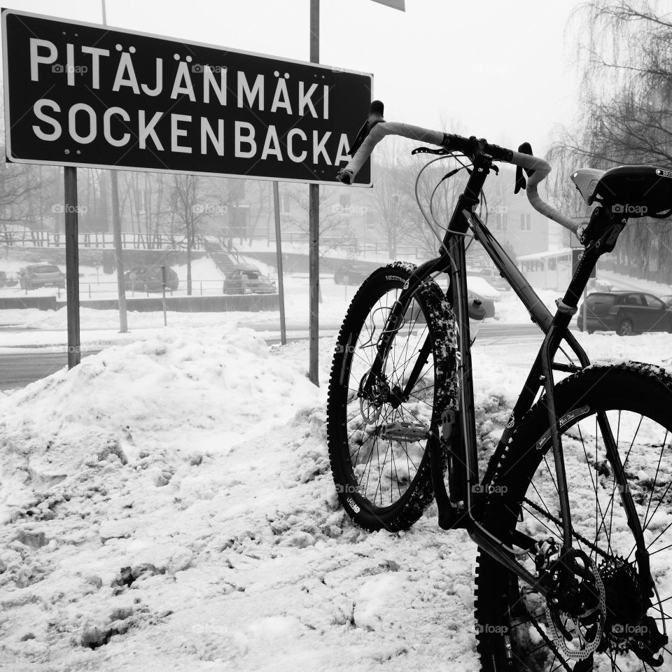 Adventure bike in a snowy conditions in Helsinki, Finland.