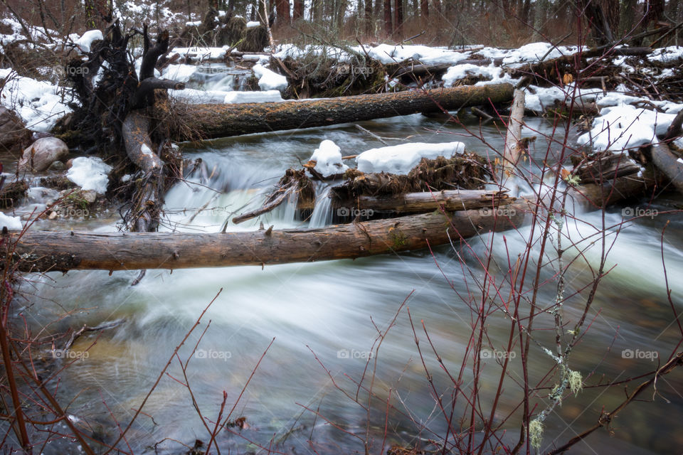 Flowing mountain stream in the winter