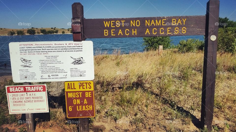 west no name bay beach access sign, Nebraska