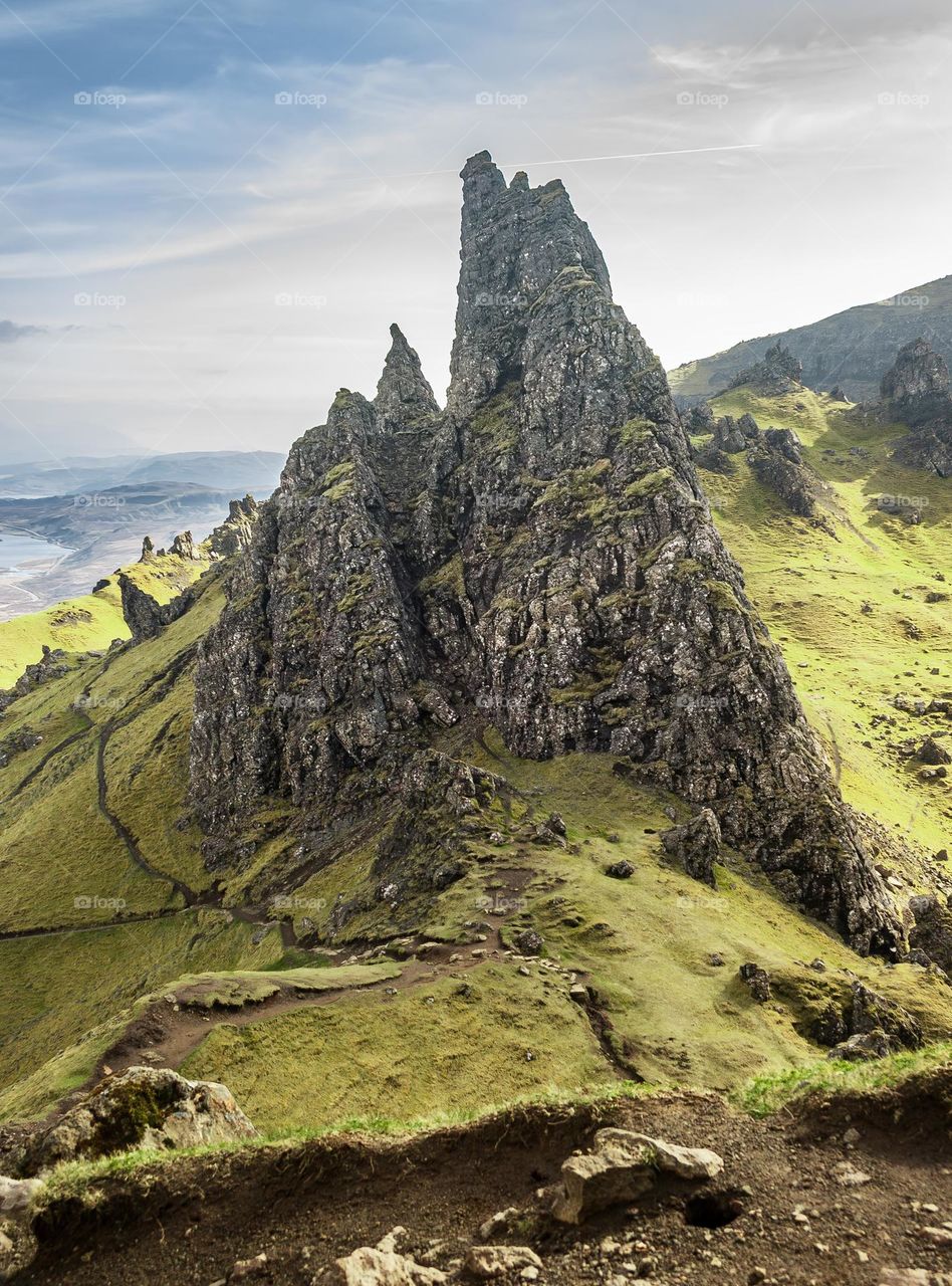 The view from Storr overlooking craggy mountain peaks on the Isle of Skye, Scotland 
