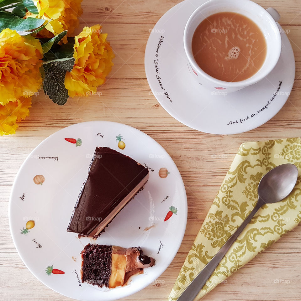 cake and coffee flatlay