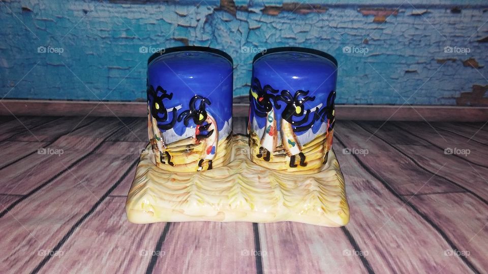 Blue ceramic salt and pepper shakers