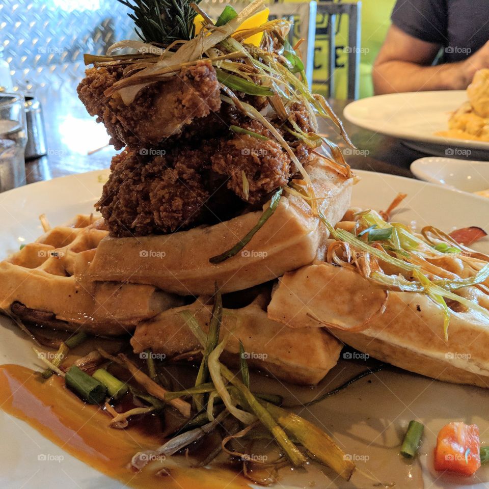 Enormous, tasty chicken and waffles