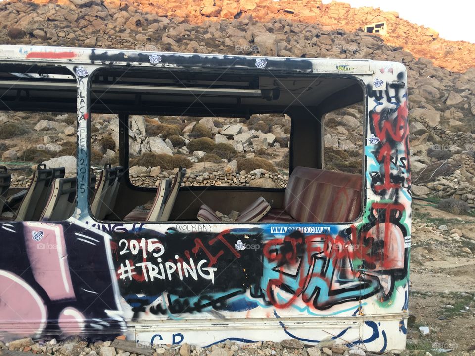 Abandoned bus with graffiti in Mykonos 