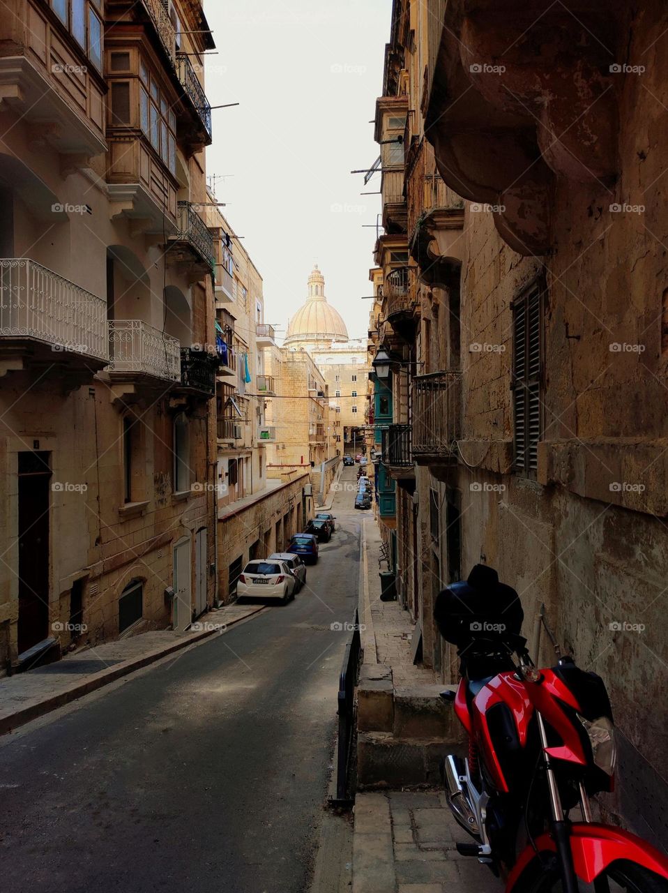 An empty street in the capital of Malta, Valletta / Beautiful architecture in Old Malta / Valletta buildings