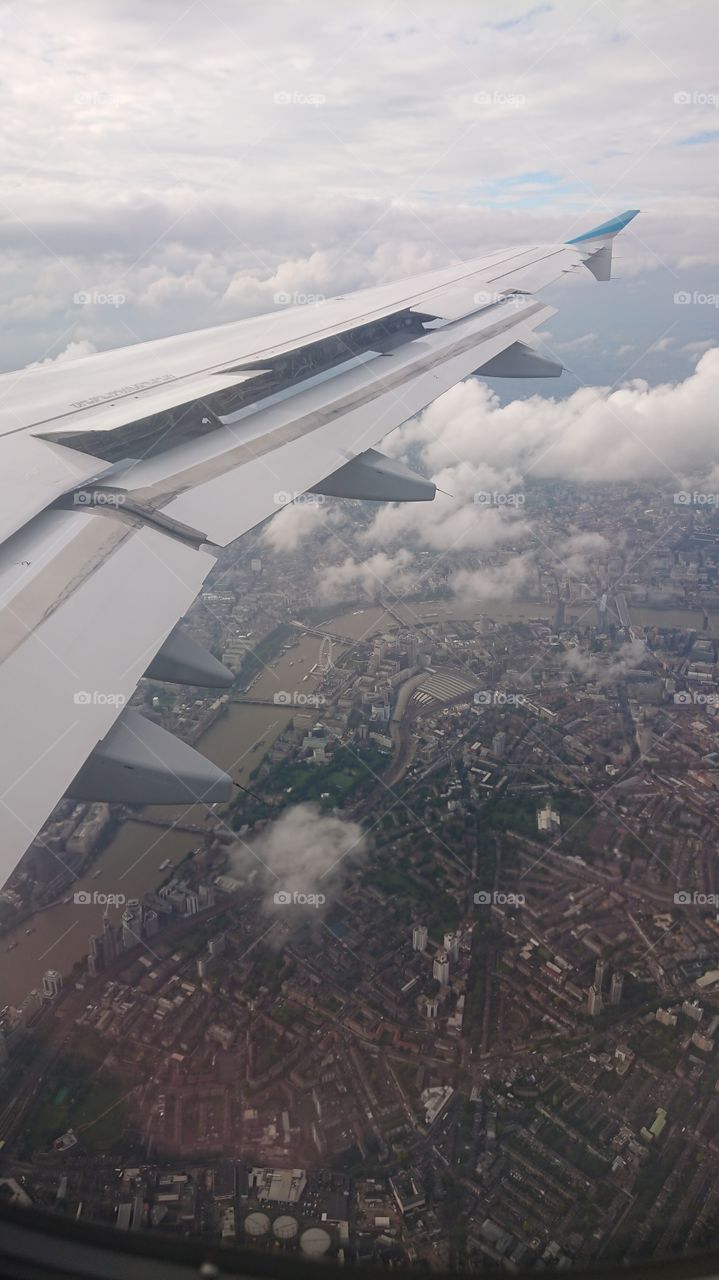 View from plane approach to London Heathrow with air rakes spoilers deployed