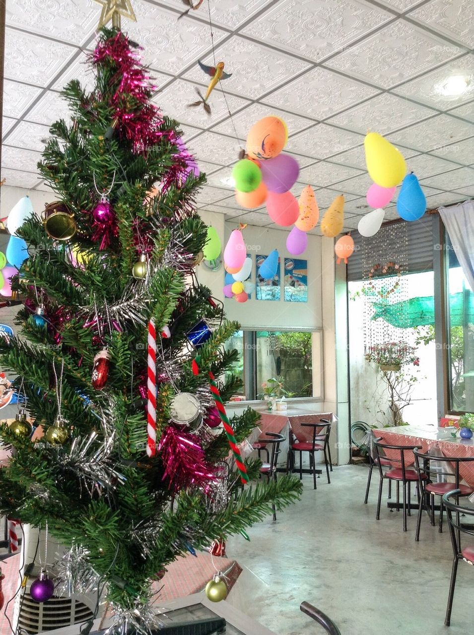 Chrismas tree decorate in ice cream shop