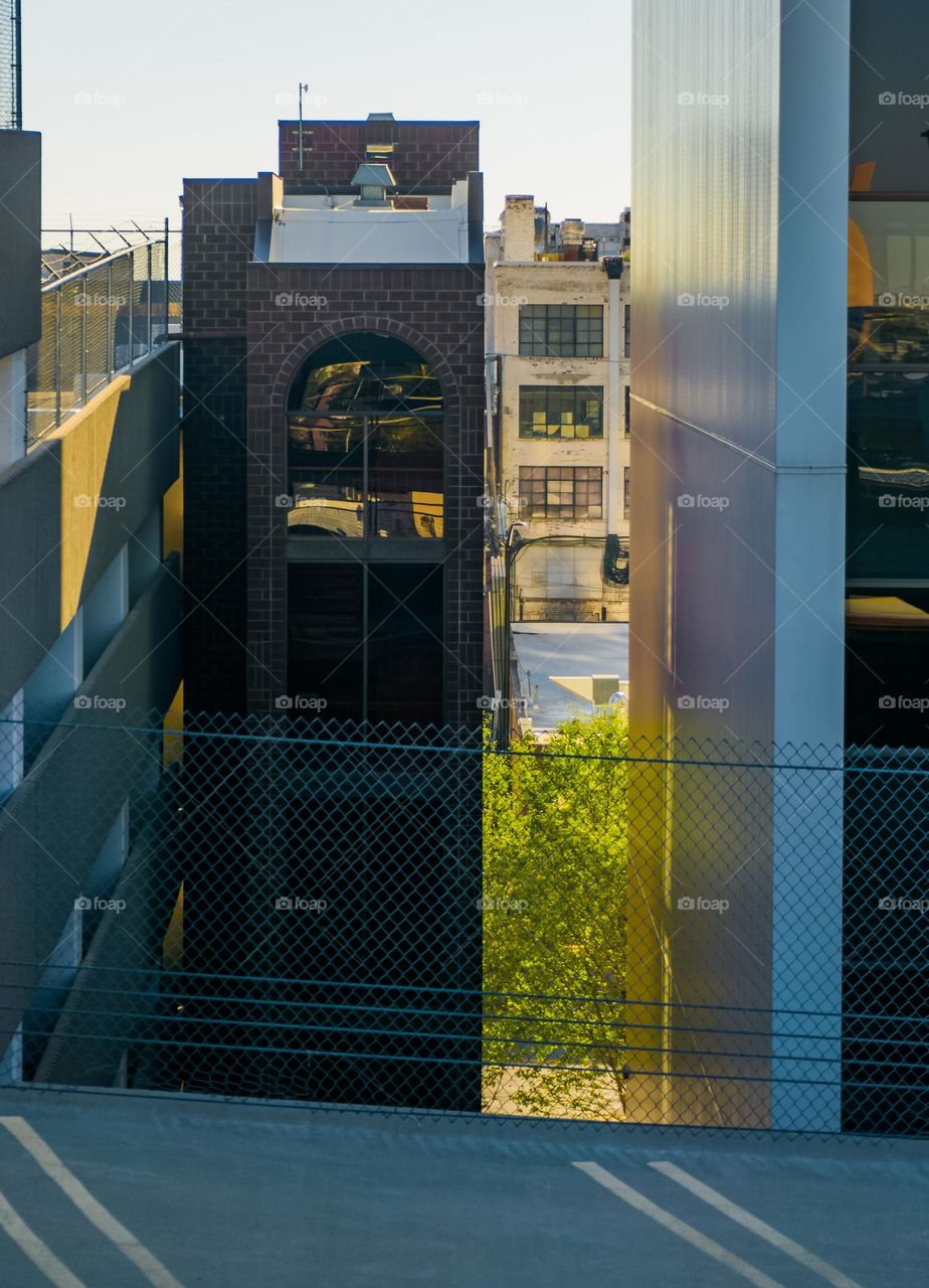 Parking garage offers good between building view.