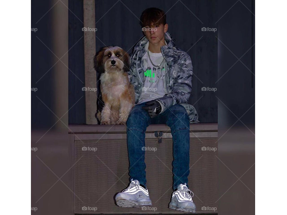 This is me sat outside with my dog during the night on new years eve. It’s quite nice and i’m contrasting the night with my brighter choice of white colours.