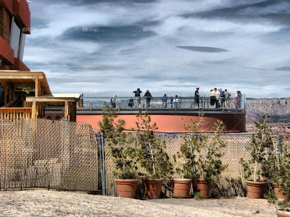 glass walk way sky clouds plants mountains grand canteen grand canyen by angeljack