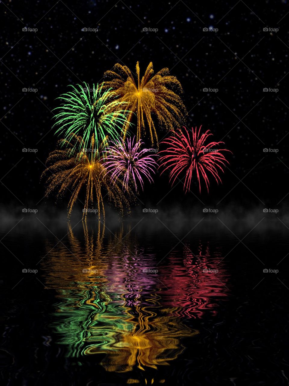 Fireworks reflected on water. Fireworks reflected on water
