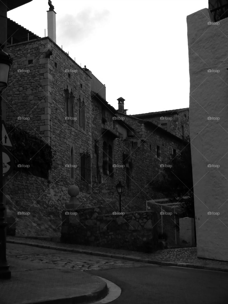 Black and white shot of architecture in Sitges, Spain.