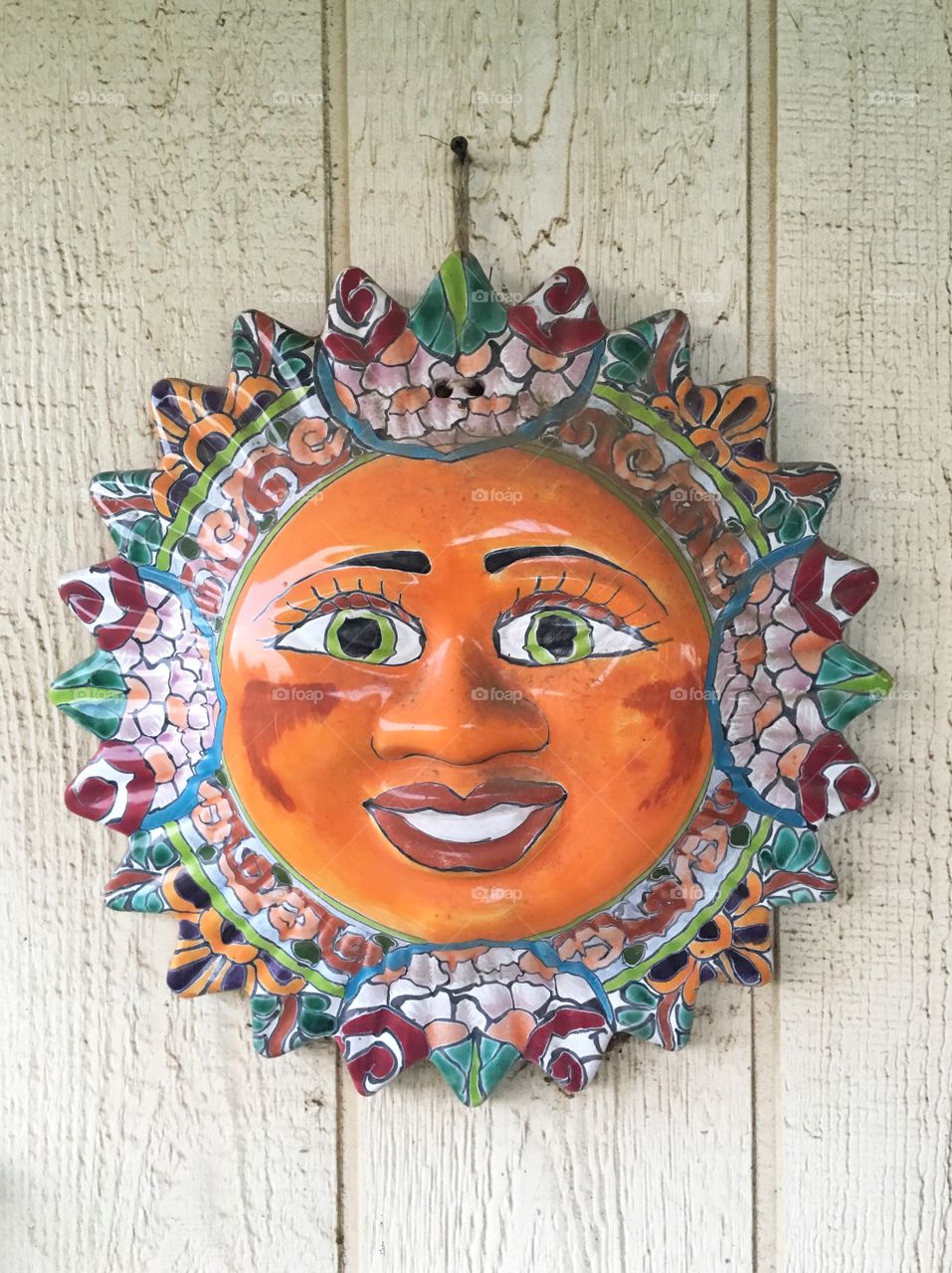 Talavera Mexico pottery sun face. Porch or patio decor. 