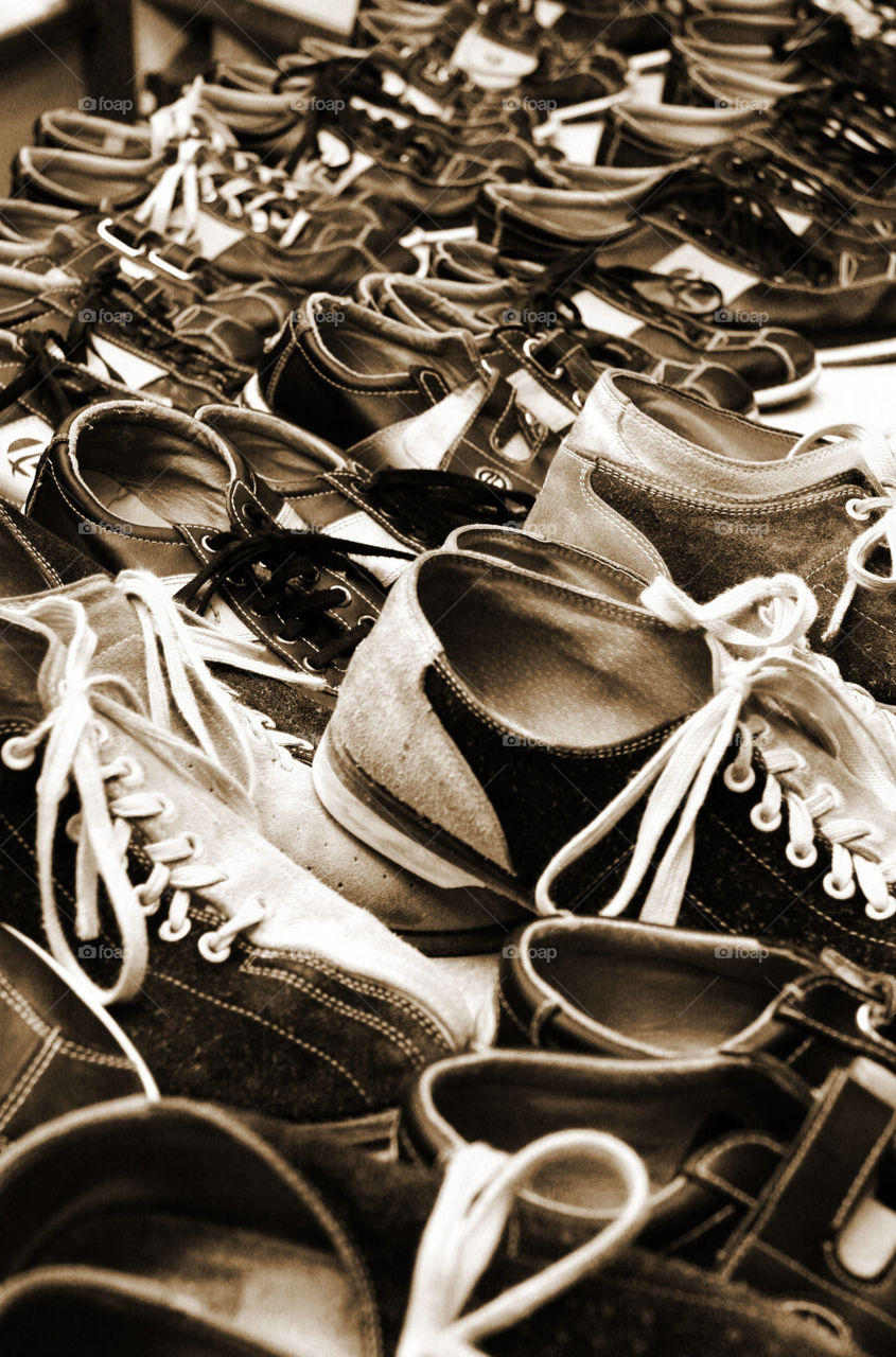 Close up of returned bowling shoes.  