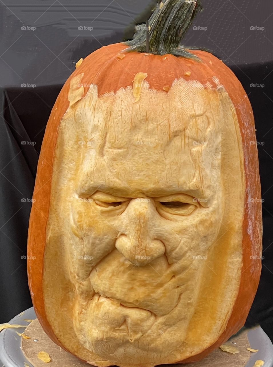 Halloween- Pumpkin carving. Not your regular jack on lantern. A creepy face carved onto a pumpkin. 