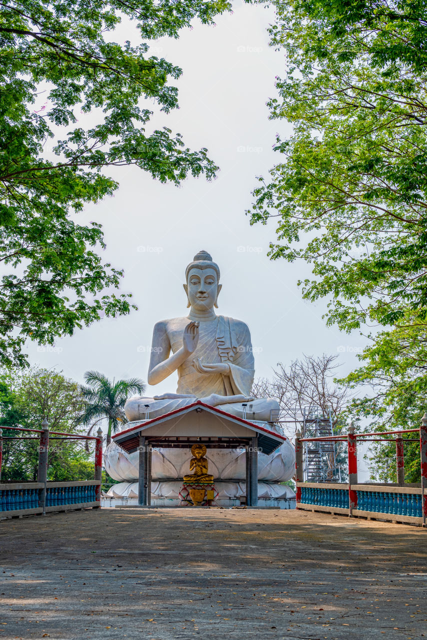 The statue of Buddha behind tree tunnel in  Ratchaburi Province, Thailand