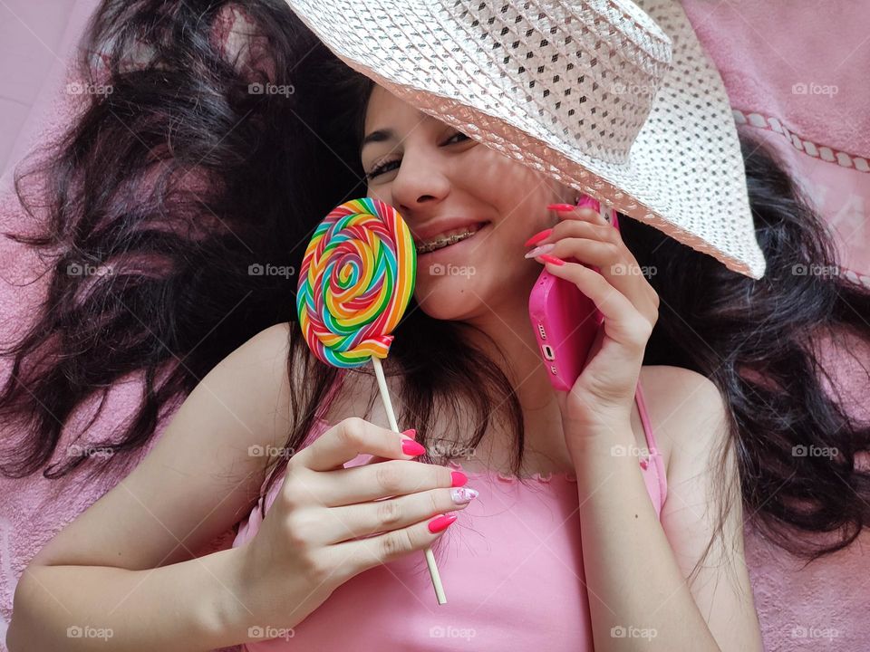 Vibrant Portrait of Girl with Big Lollipop