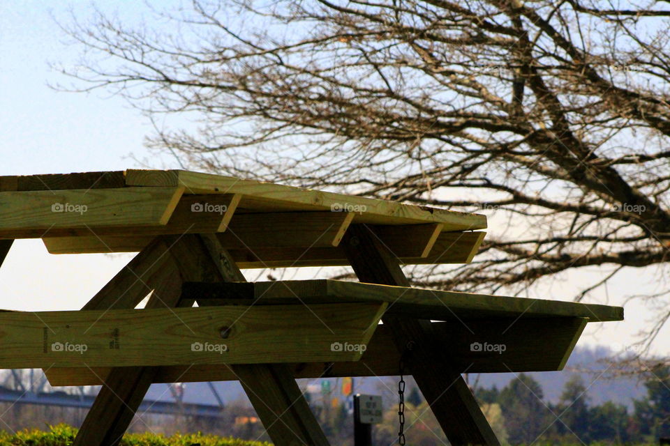 This is a picture of a picnic table in a park on a beautiful sunny spring day.
