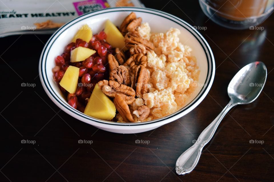 Mango, pomegranate seeds, walnuts, & Rice Krispy Treats Cereal