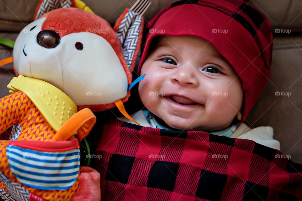 Happy baby with fox toy, baby smiling with fox toy, baby girl giggling, newborn baby smiles, happy baby smiling, happy baby with fox toy
